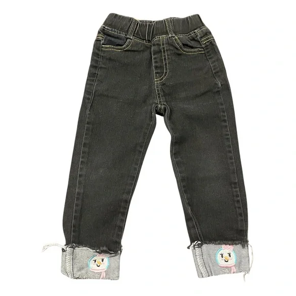 Kids Black Jeans with Snow-girl Embroidered Cuffs Distressed Hem Size 2T - Picture 1 of 6